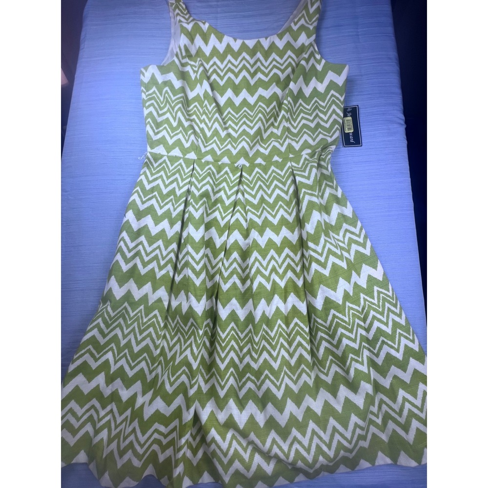 Jessica Howard Green White Chevron Zigzag Fit Flare Sleeveless Dress Size 12 NEW
